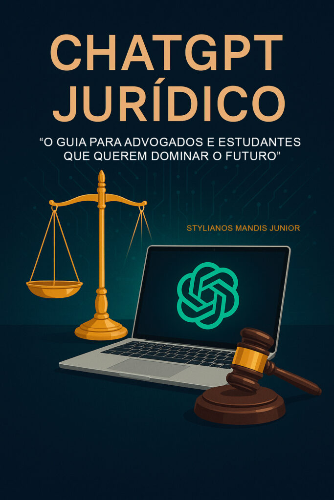 Capa do livro 'CHATGPT JURÍDICO' com um laptop, balança e martelo judicial, destacando o uso da inteligência artificial na advocacia.