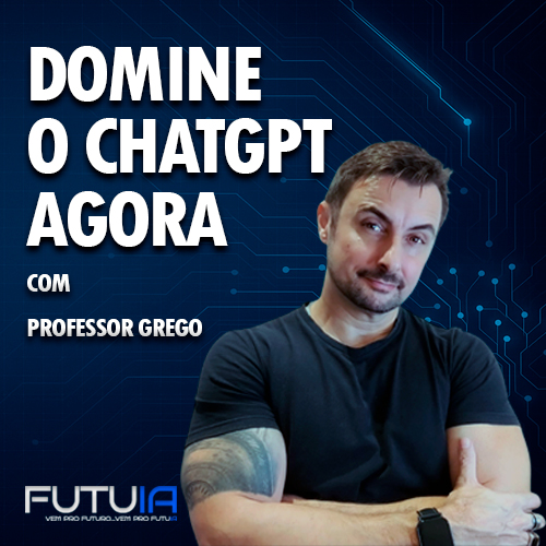 Imagem do Professor Grego promovendo o curso de ChatGPT com a frase 'Domine o ChatGPT agora'. Ele aparece em um fundo com padrão tecnológico.